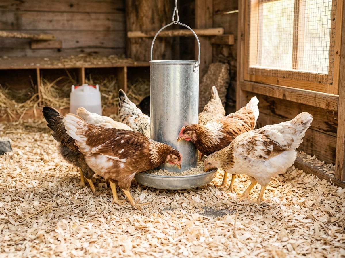 Young chicks eating medicated chick starter from a clean feeder in a dry well-lit brooder