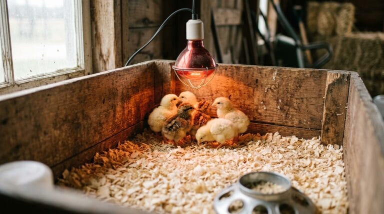 Young chicks huddling under a red heat lamp in a wood-shaving brooder