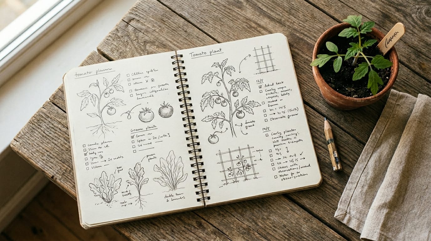 Open garden journal on a weathered wood surface with a tomato seedling nearby, suggesting weekly plant checks