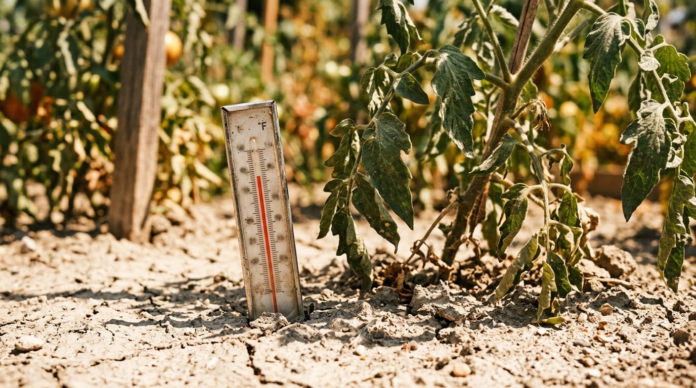 An analog thermometer reading near 95 degrees Fahrenheit placed beside a tomato plant in a sun-baked summer garden
