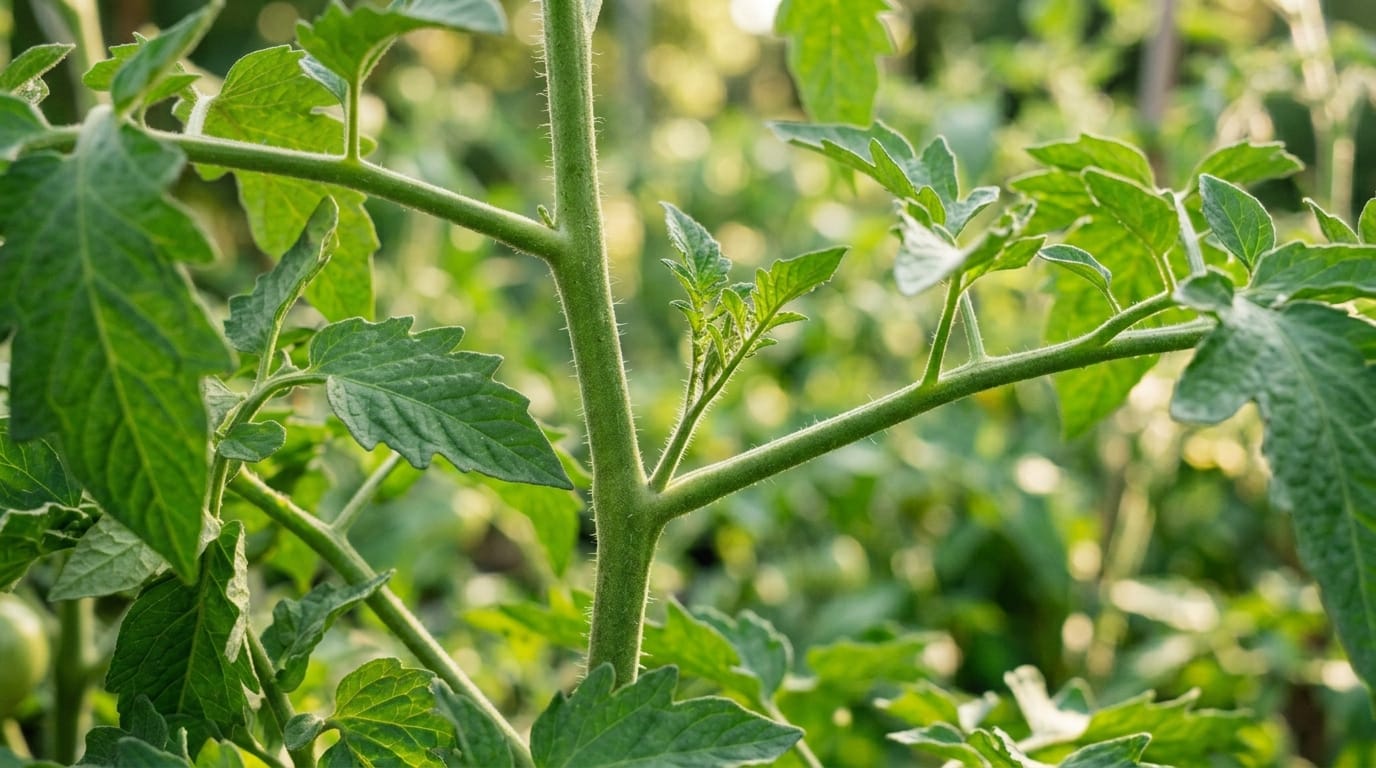Tomato Suckers plant stem showing the axil junction where a small sucker is beginning to grow between branches