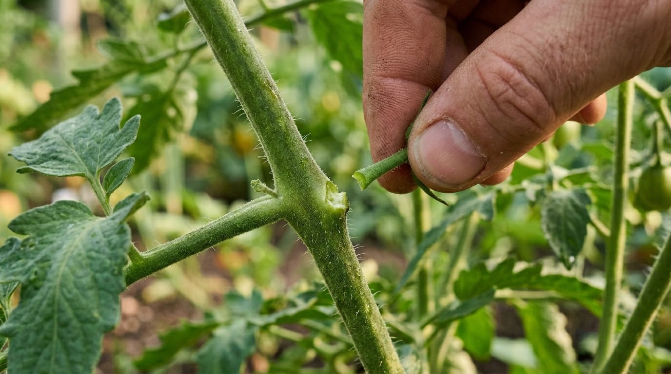 A small tomato sucker being pinched off cleanly at the axil of a healthy green tomato stem