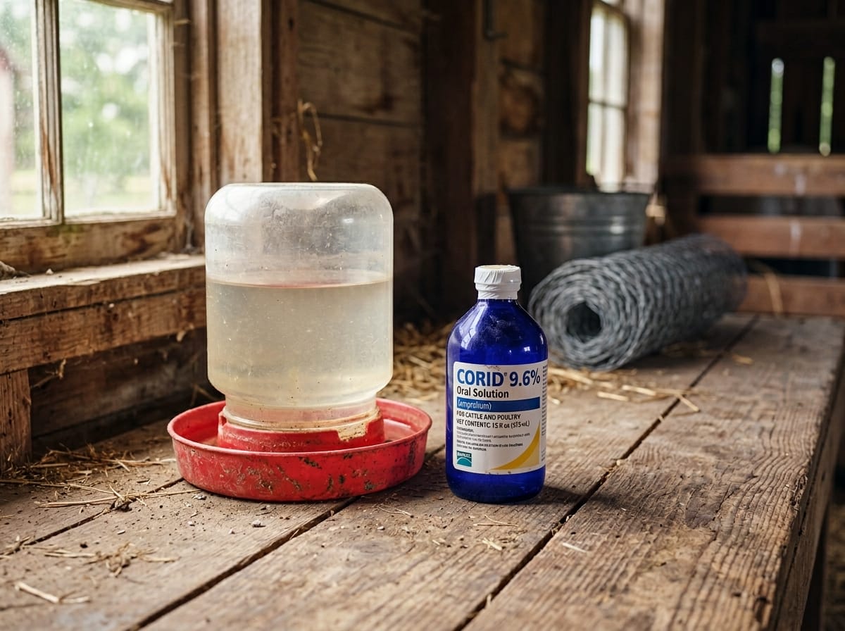 A bottle of Corid amprolium liquid beside a small plastic poultry waterer on a wooden farm surface, coccidiosis in chickens treatment