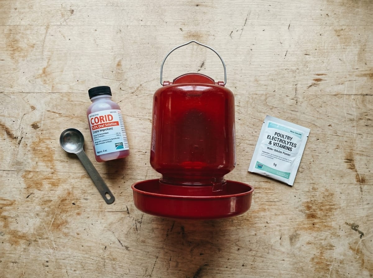 Flat lay of Corid bottle, measuring teaspoon, small waterer, and electrolyte packet on a wood surface