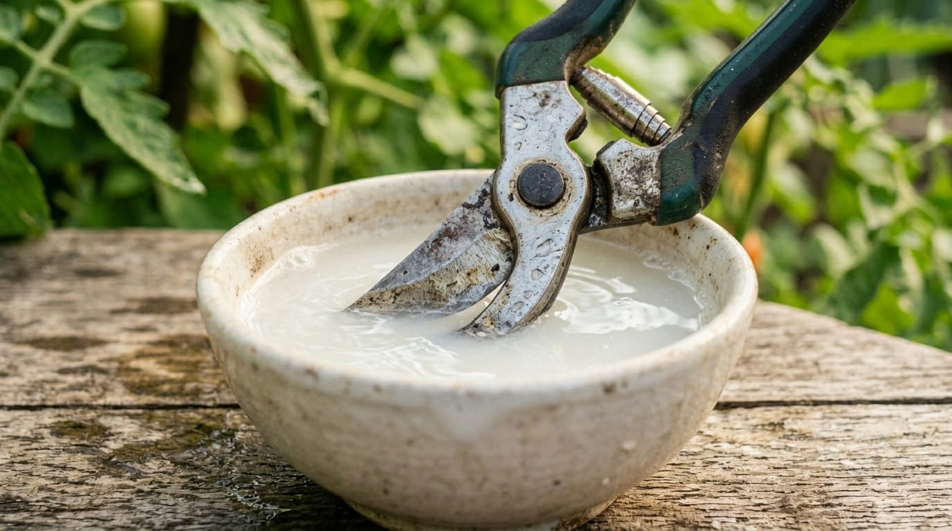 Pruner blades being dipped into a small container of diluted bleach solution before tomato pruning
