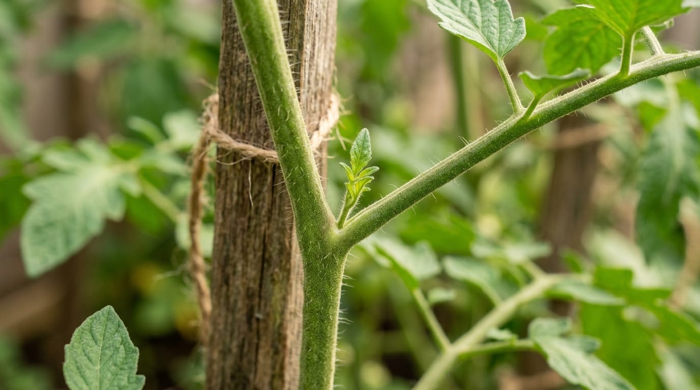 A small tomato sucker emerging from the V-shaped axil between the main stem and a side branch
