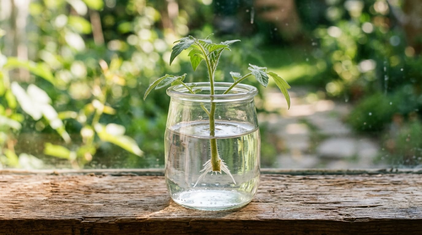A tomato sucker cutting standing in a small glass jar of water on a sunny windowsill with tiny roots forming