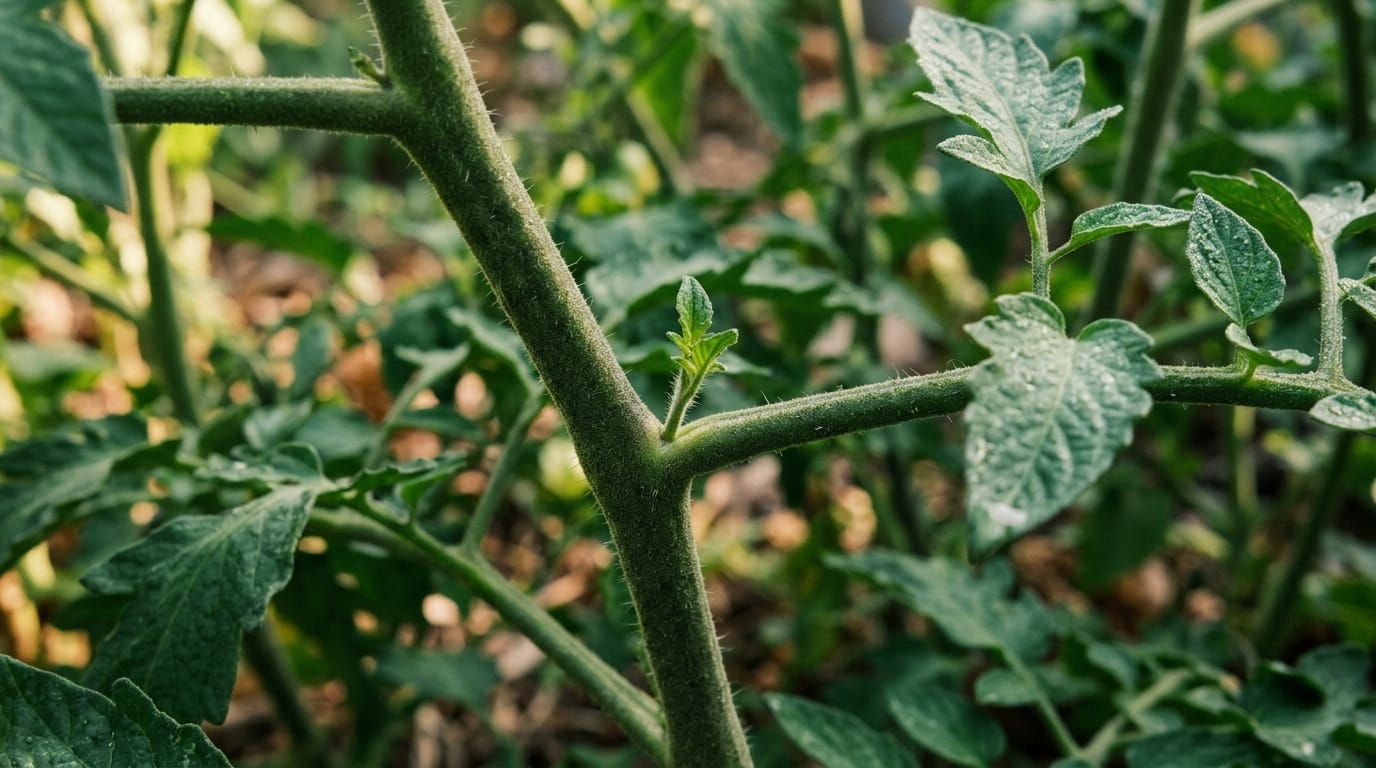 Tomato plant foliage gently parted to reveal a sucker about three inches long growing in a stem axil