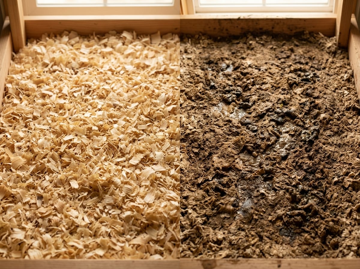 Clean dry wood-shaving brooder on the left contrasted with a wet clumped stained brooder floor on the right
