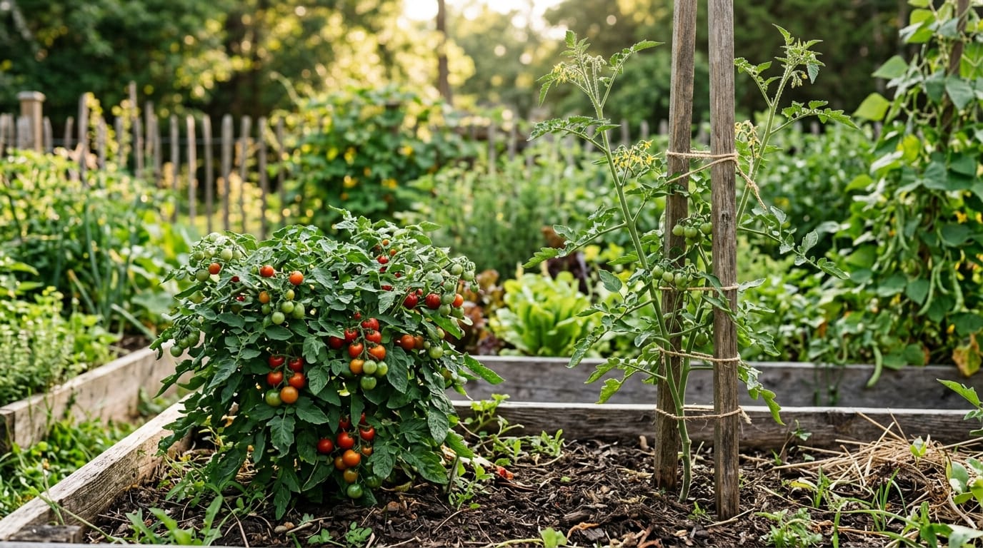 Two tomato plants side by side in a garden — one compact and bushy, the other tall and staked