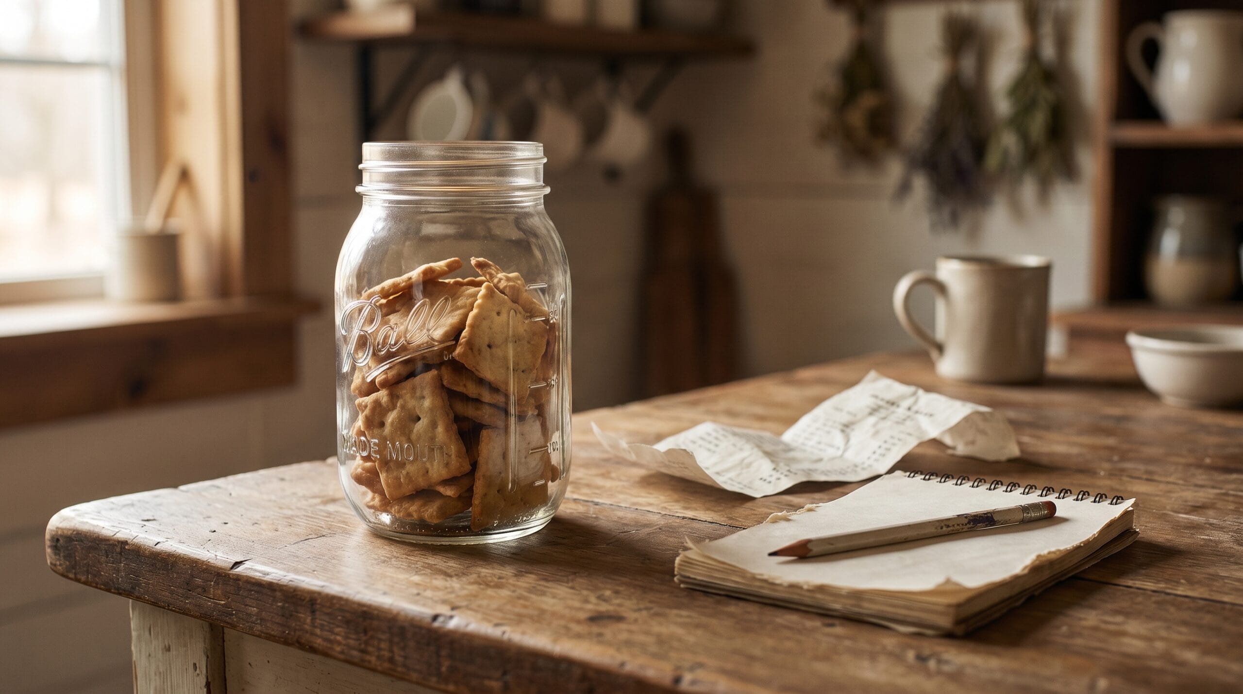 Mason jar of homemade crackers on a counter beside a crumpled store receipt and a small notepad