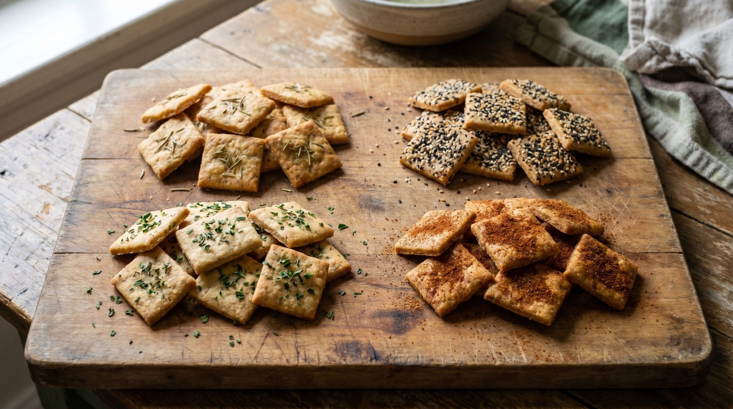 Four small groups of homemade crackers on a wooden board, each topped with different herbs and seeds