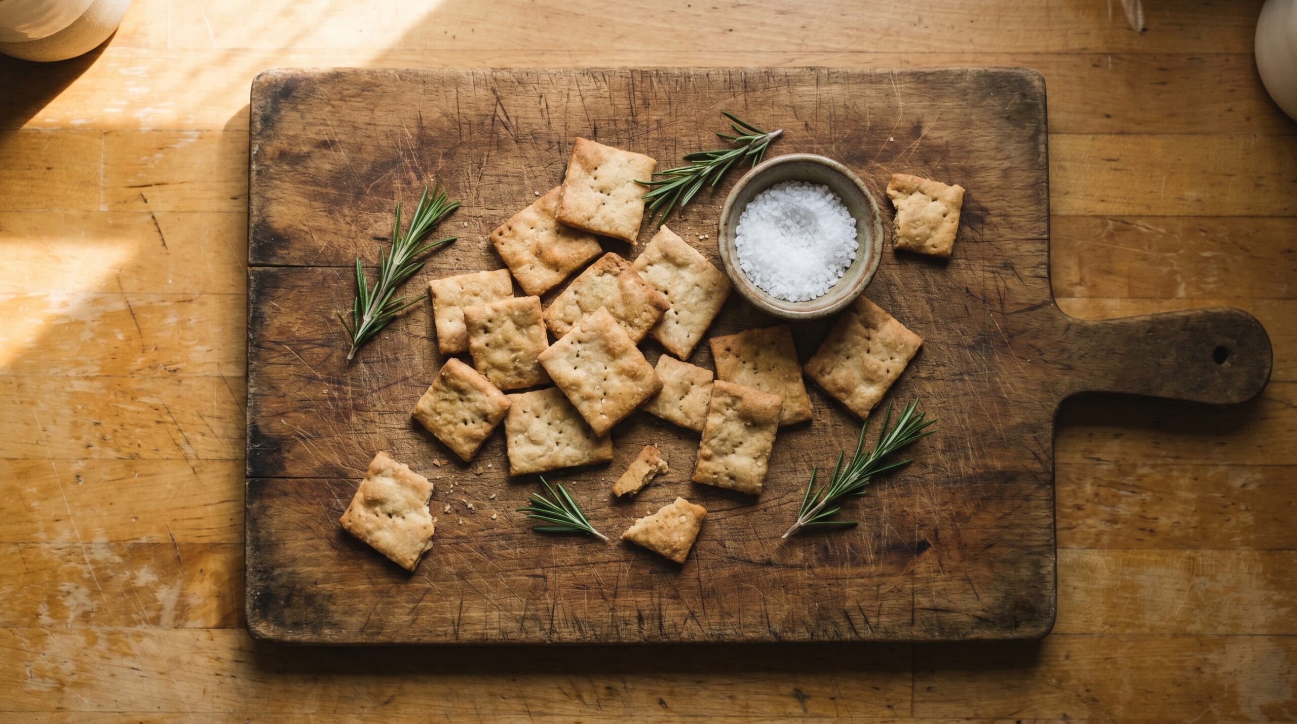 Golden homemade crackers on a wooden board with sea salt and fresh rosemary sprigs