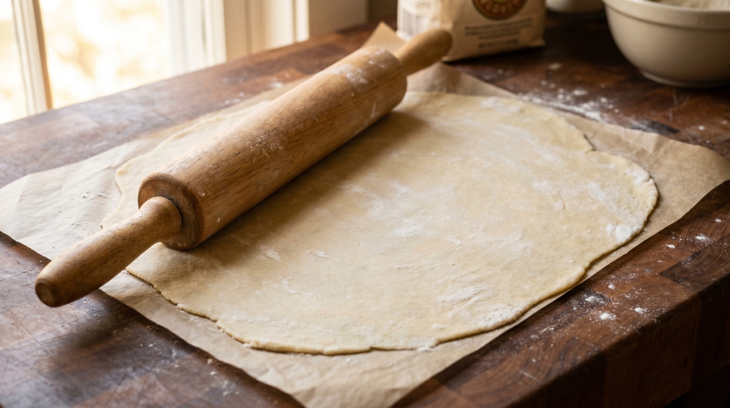 A wooden rolling pin pressing cracker dough thin on parchment paper on a kitchen counter