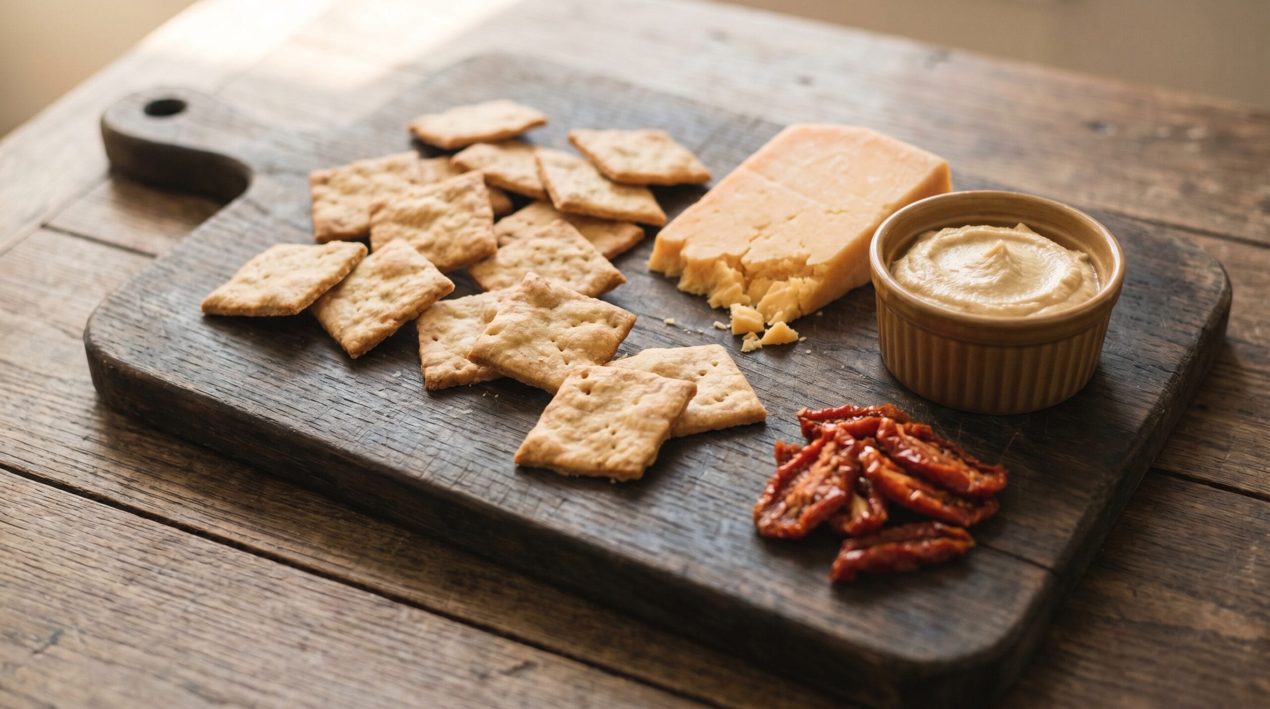 Simple homestead snack board with homemade crackers, aged cheddar, hummus, and sun-dried tomatoes