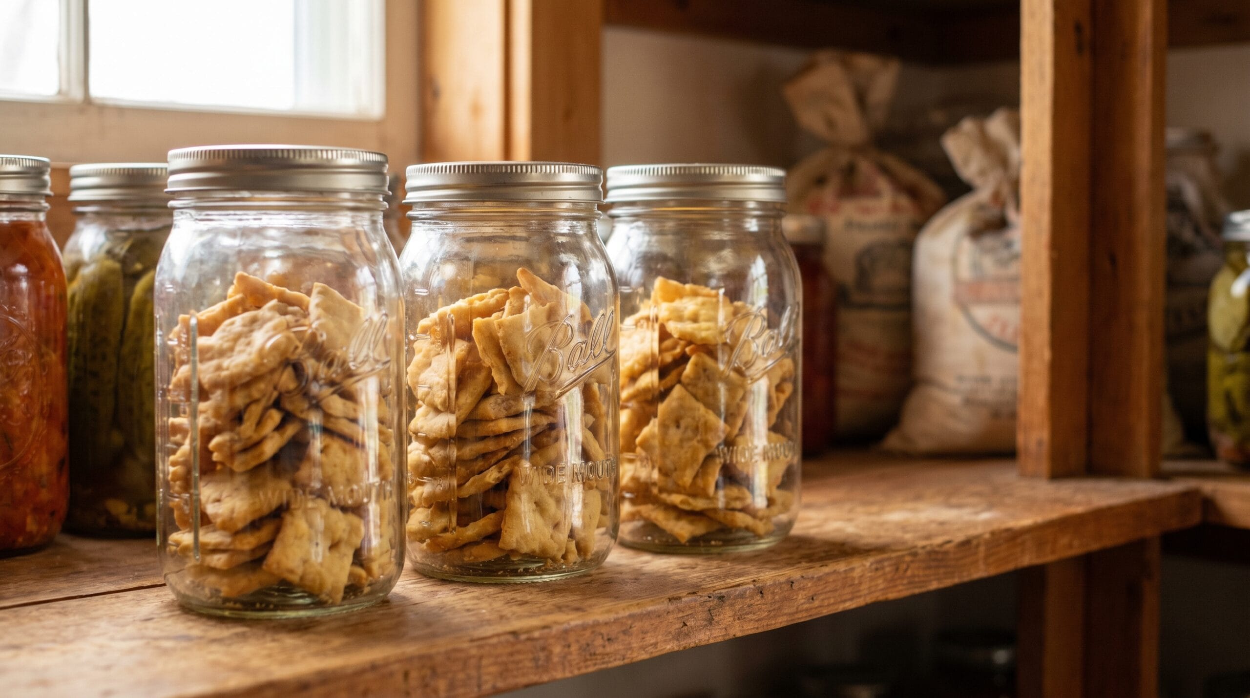 Three sealed mason jars filled with homemade crackers lined up on a pantry shelf in warm light