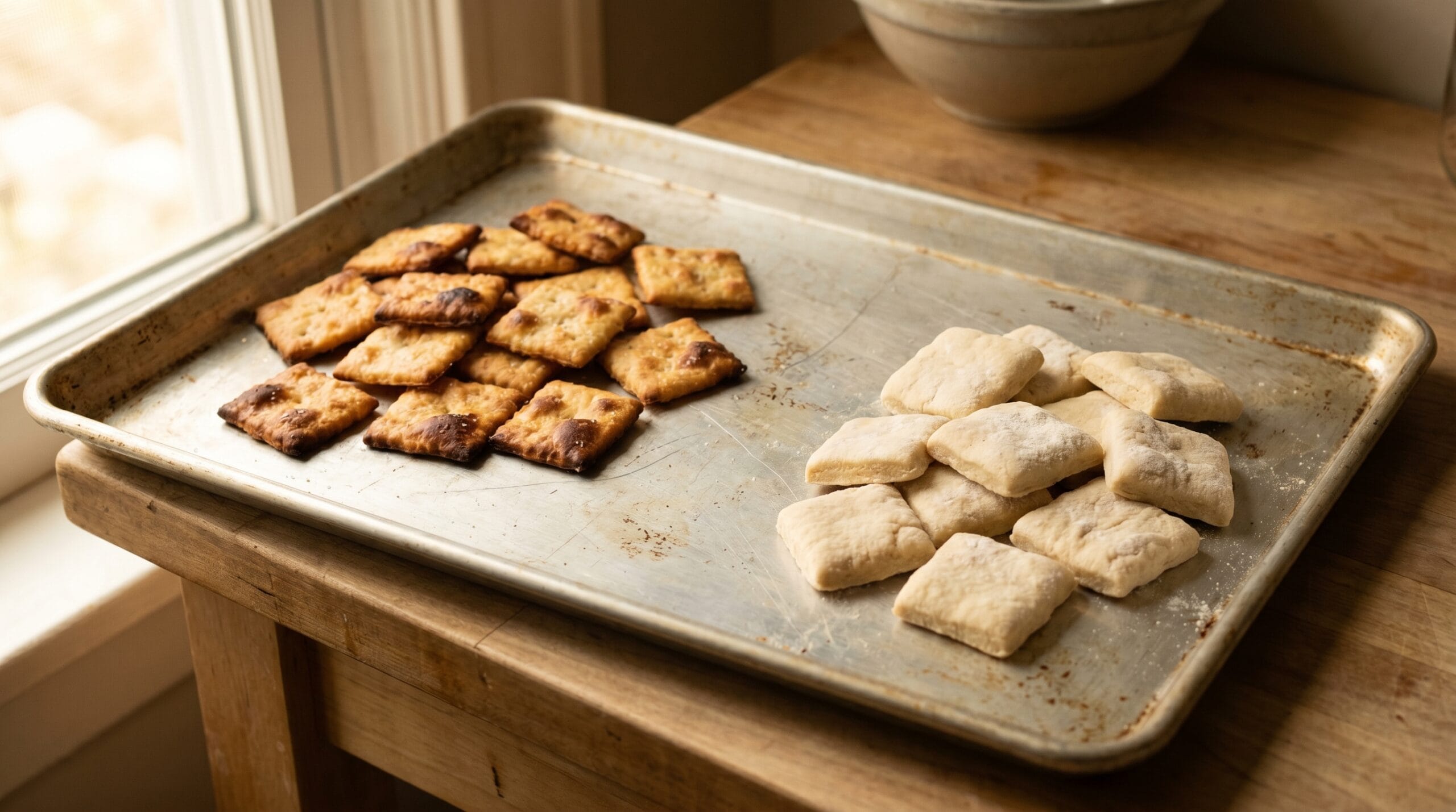 Two batches of homemade crackers side by side: one thin and golden, one thick and pale