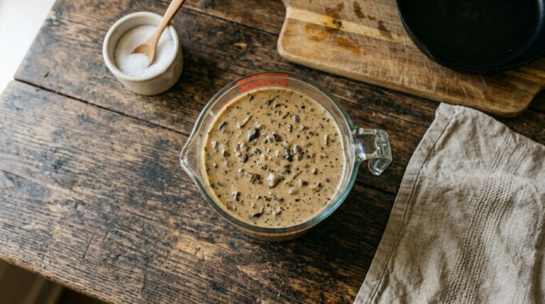 Homemade cream of mushroom soup substitute in a glass measuring cup on a weathered wood counter