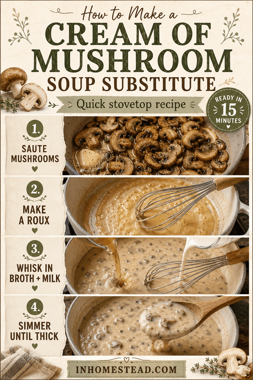 Four step photo guide to making cream of mushroom soup substitute: saute mushrooms, make a roux, whisk in broth and milk, then simmer until thick