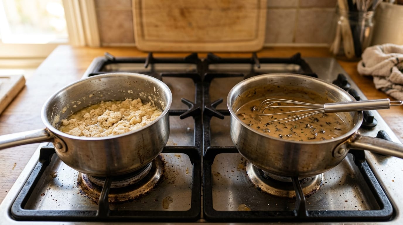 Two saucepans side by side showing lumpy broken sauce versus smooth finished mushroom sauce