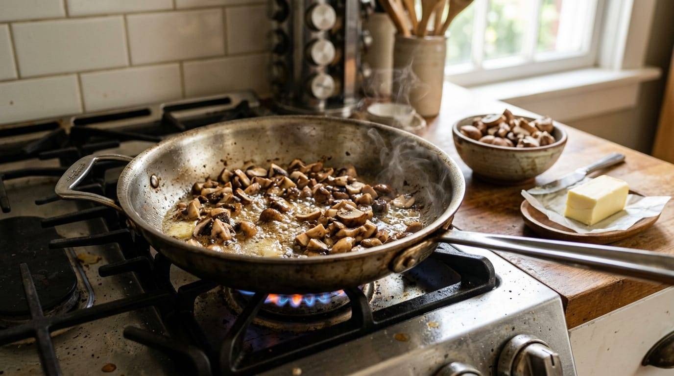Chopped mushrooms sauteing in butter in a skillet on a home stovetop