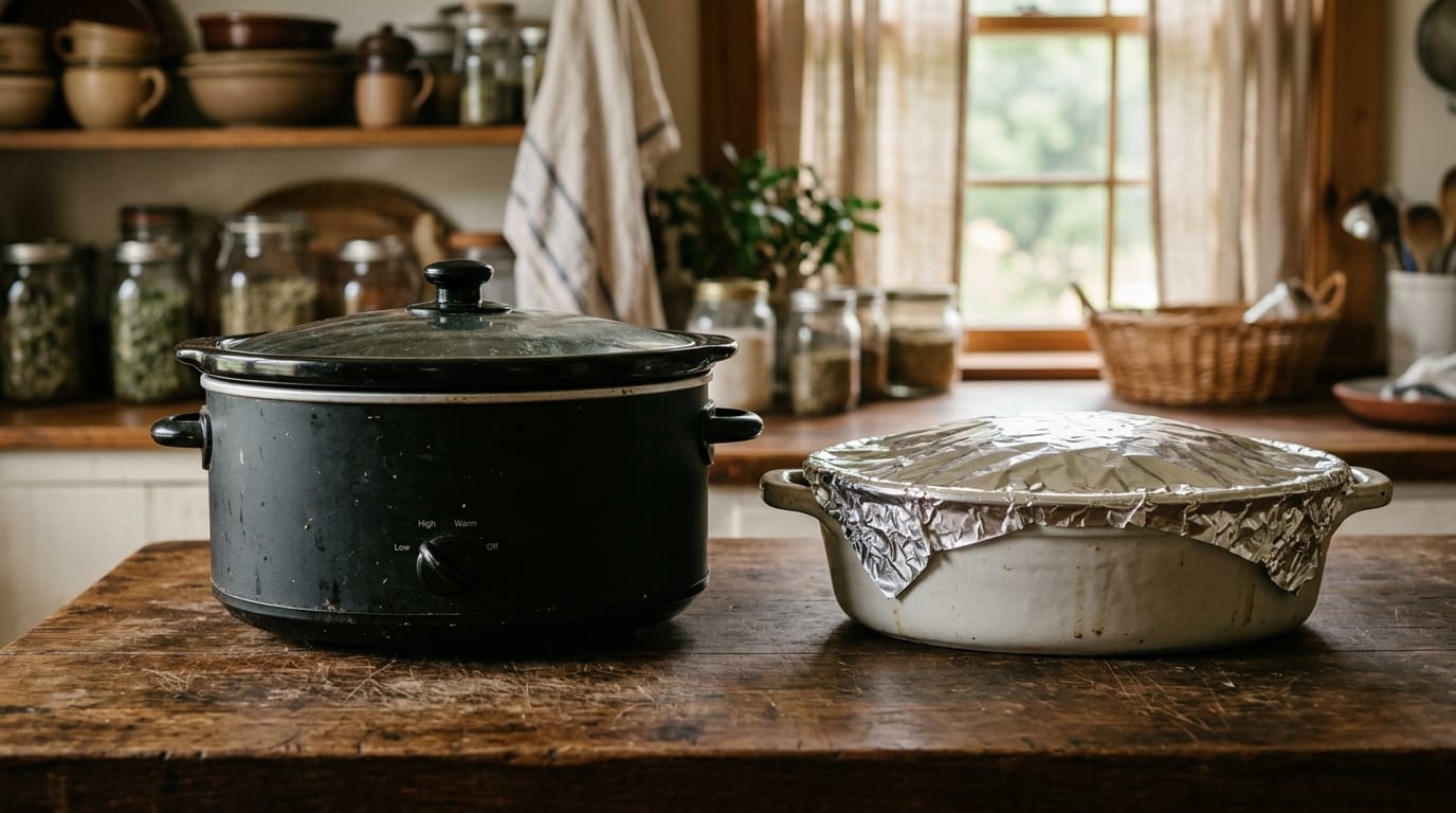 A slow cooker and a covered ceramic baking dish side by side on a kitchen counter