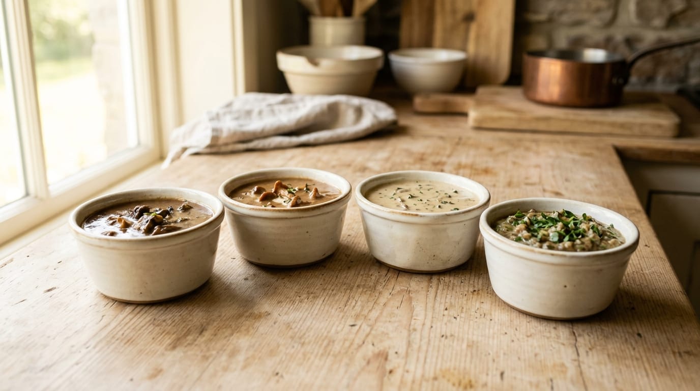Four small ceramic ramekins each holding a slightly different mushroom sauce variation on a wood surface
