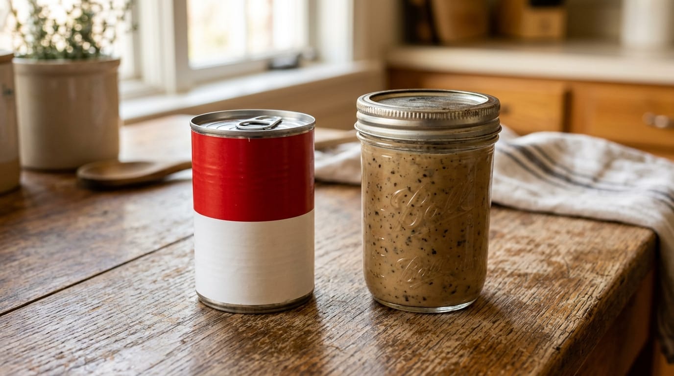 A can of cream of mushroom soup beside a glass jar of homemade substitute on a kitchen counter