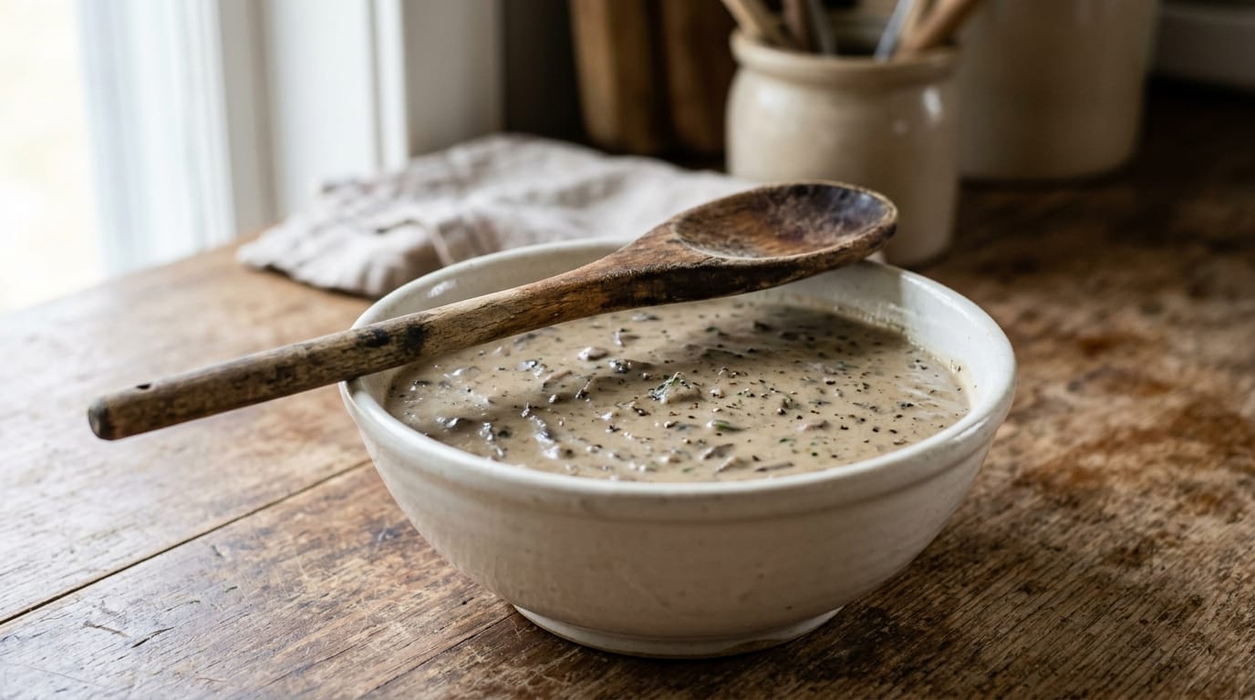 Wooden spoon resting in a ceramic bowl of thick creamy mushroom sauce in a warm kitchen