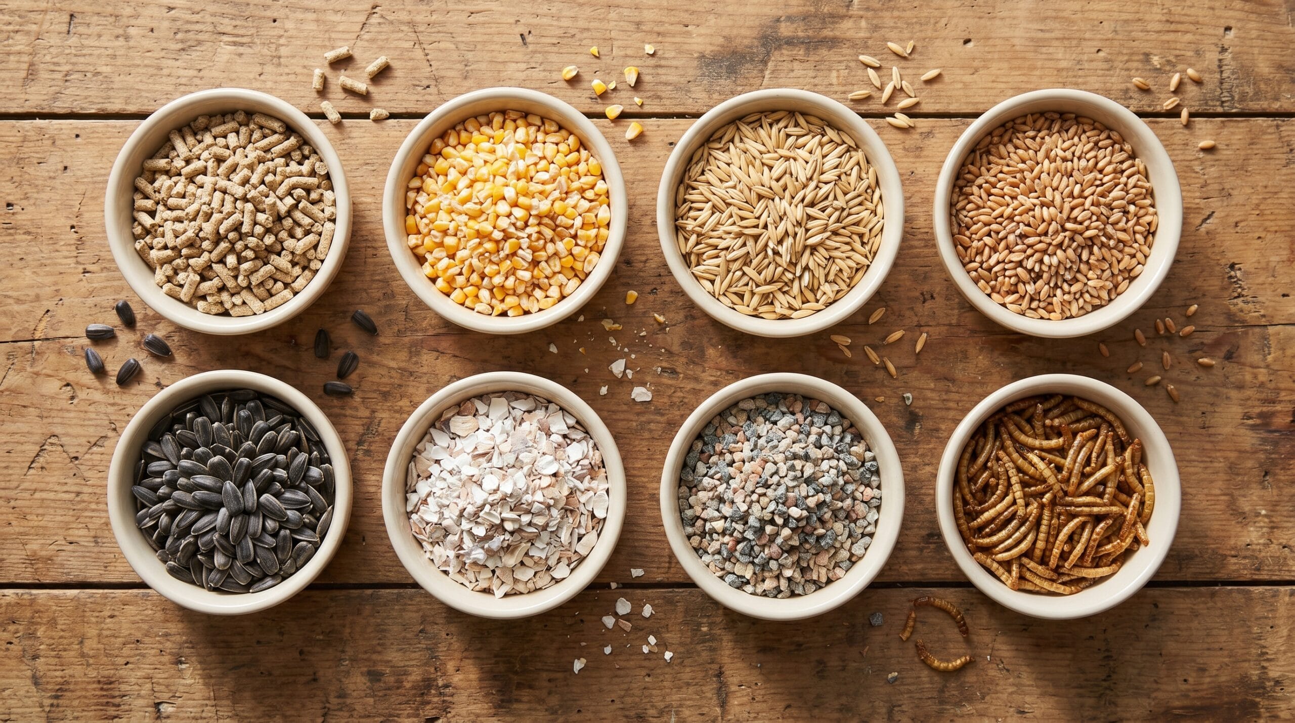 Chicken feed ingredients in bowls including layer pellets, oats, cracked corn, oyster shell, grit, and dried mealworms