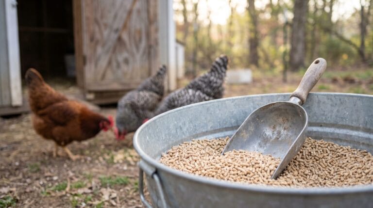 Metal scoop in a chicken feed bin beside a backyard coop