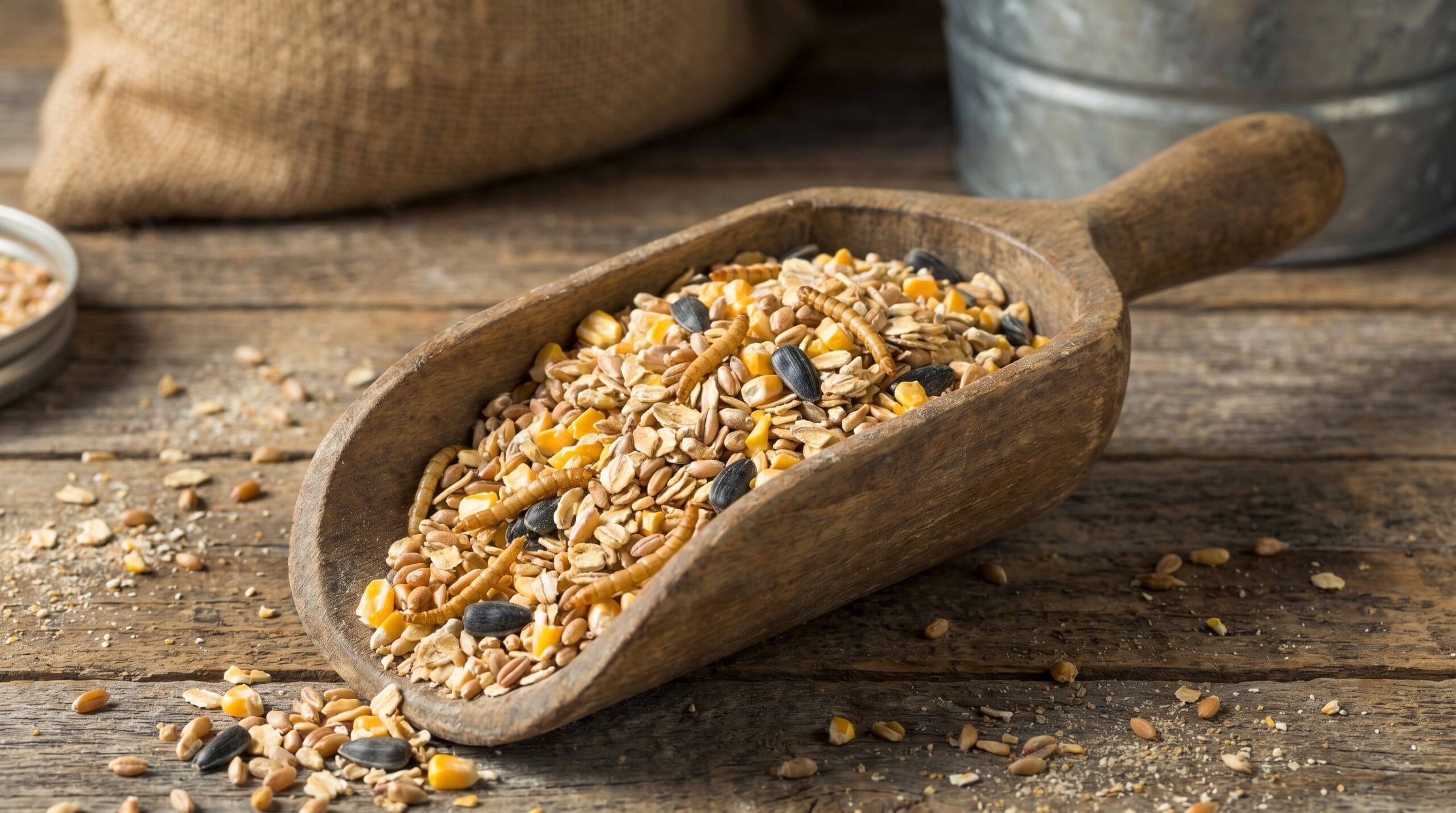 Homemade chicken scratch blend with cracked corn, oats, wheat, sunflower seeds, and dried larvae
