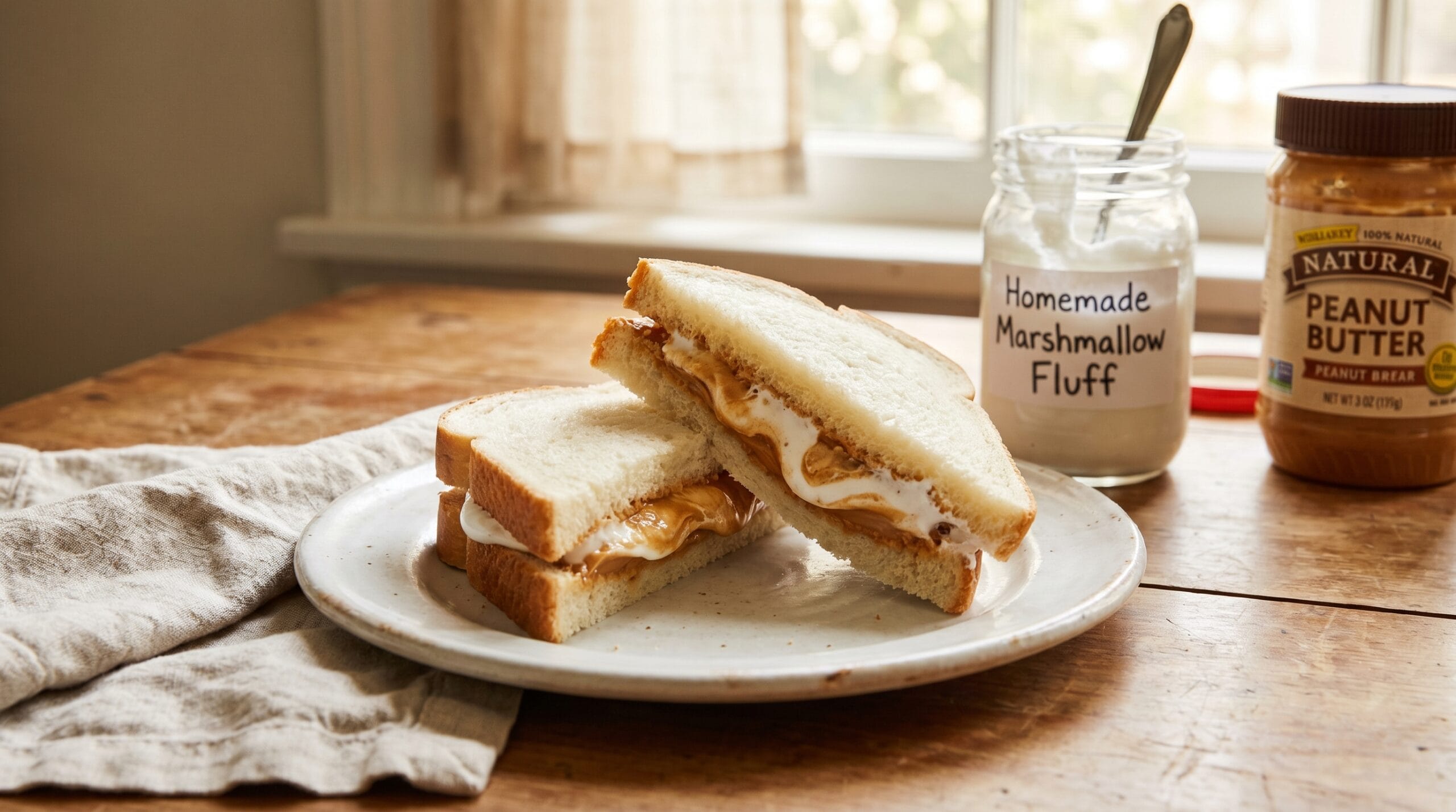 Fluffernutter sandwich cut diagonally on a white plate with a jar of peanut butter and marshmallow fluff behind it
