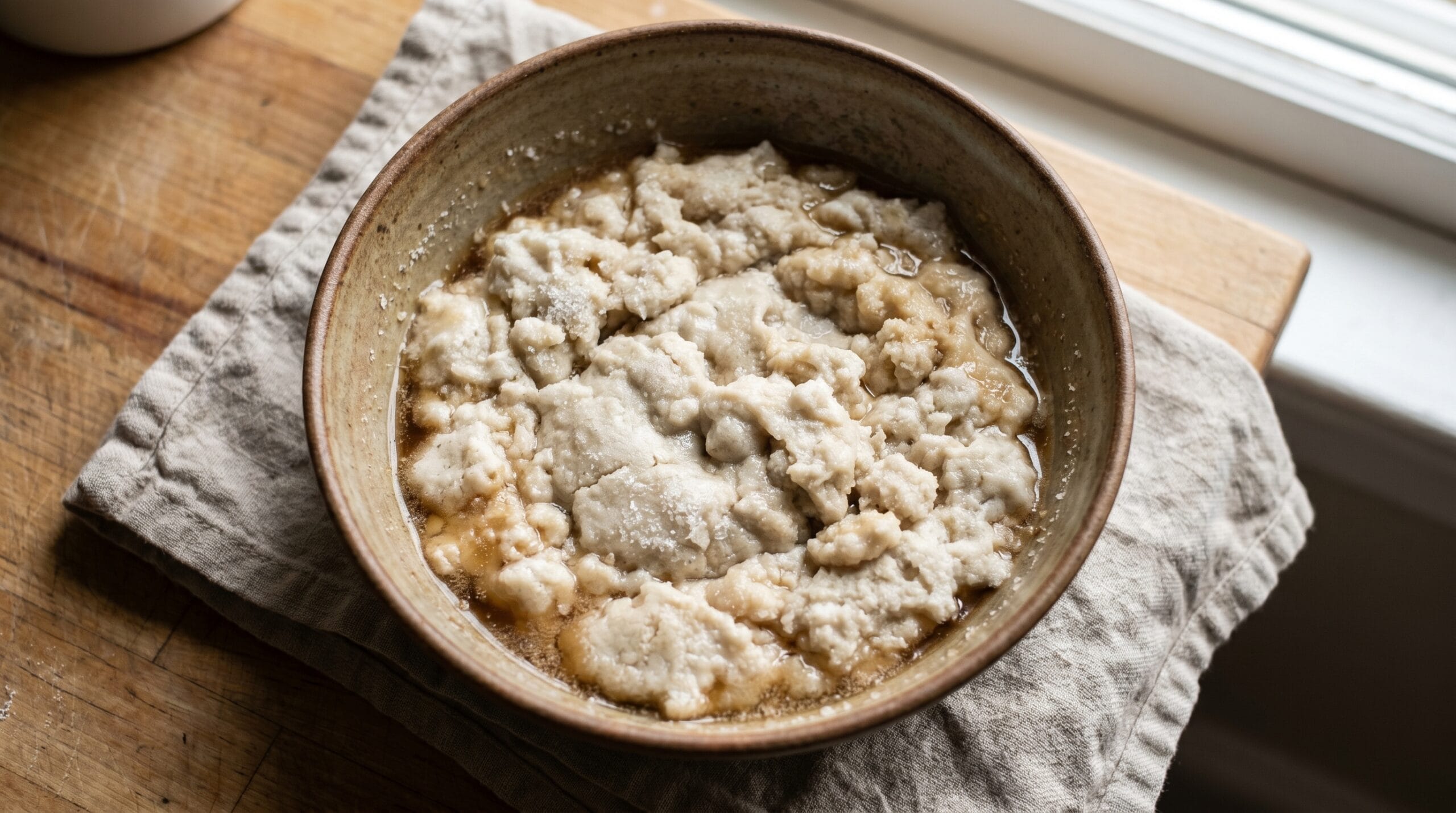 Bowl of failed marshmallow fluff showing grainy texture and liquid pooling at the edges, for troubleshooting reference