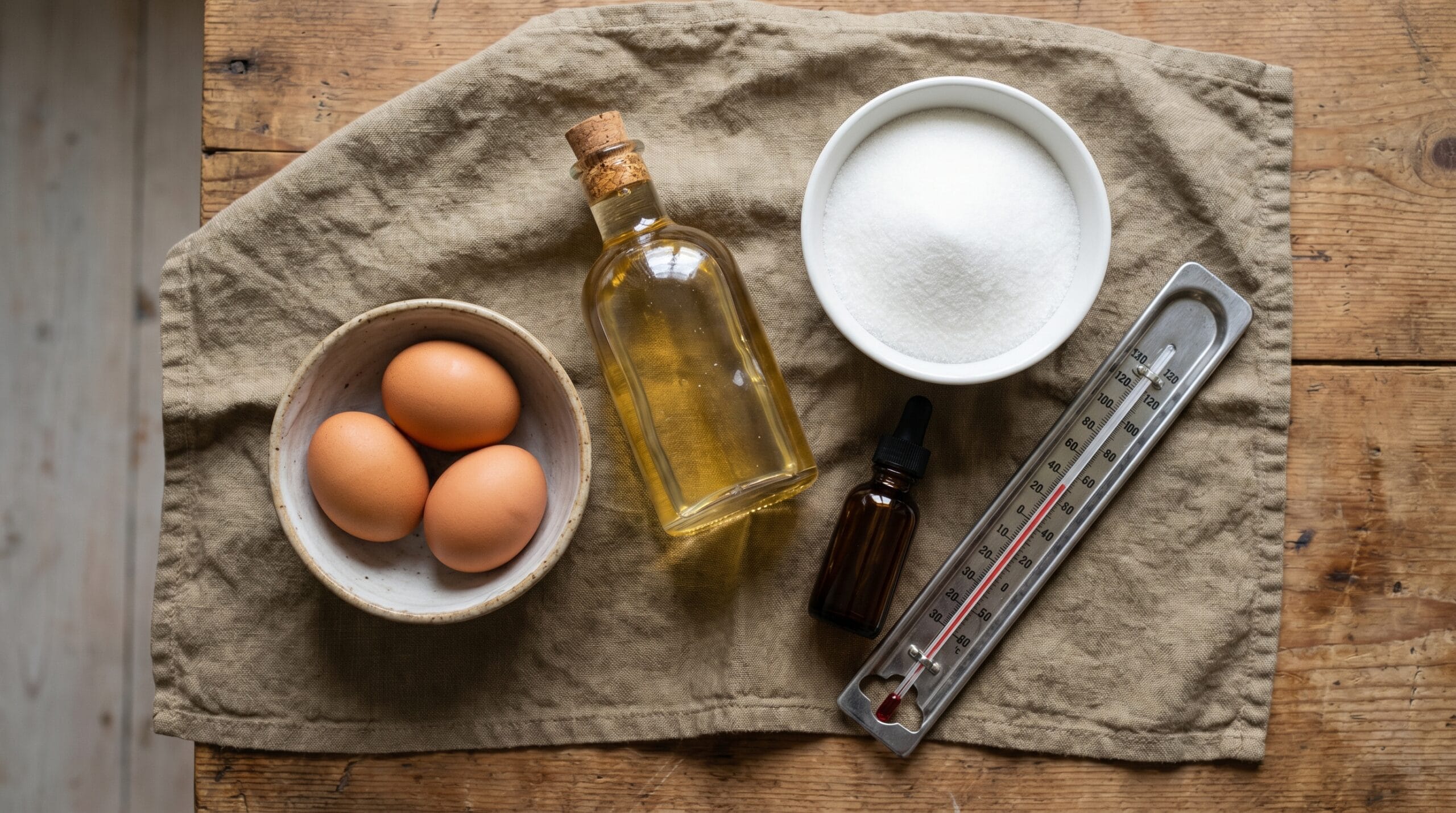 Overhead view of marshmallow fluff ingredients including egg whites, corn syrup, sugar, and vanilla on linen