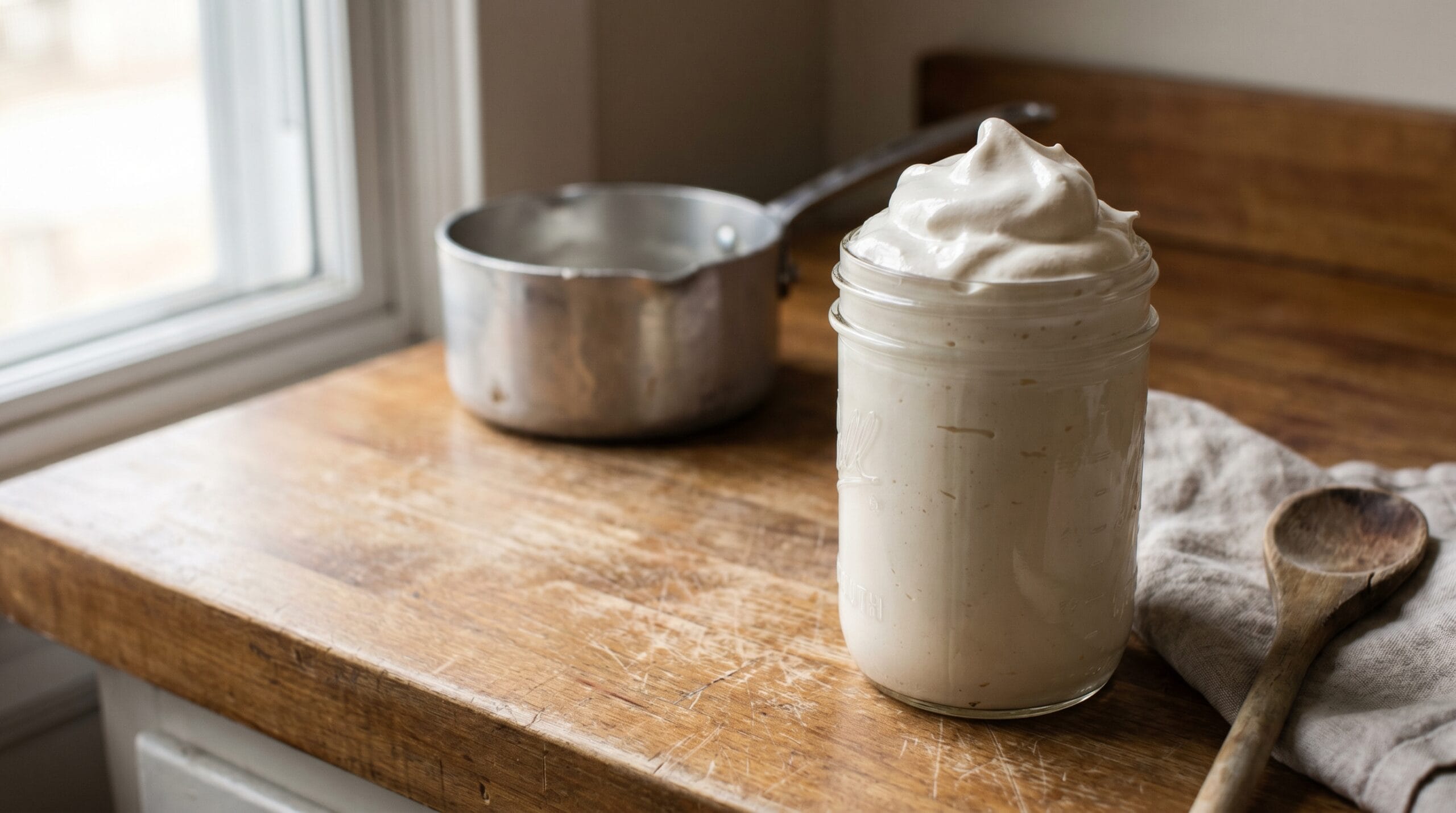 Glass jar of homemade marshmallow fluff with glossy white peaks on a weathered wood counter