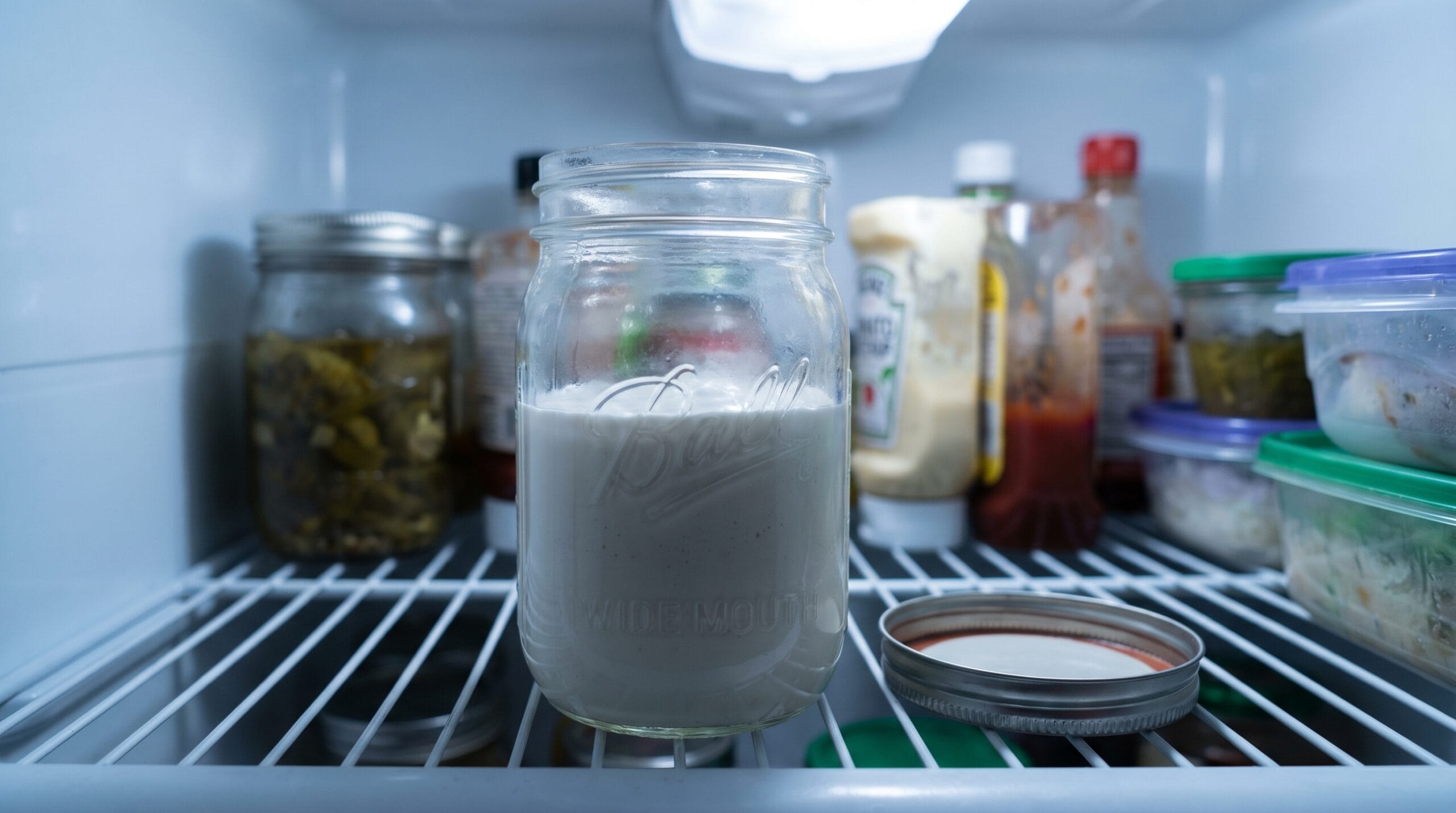 Open mason jar of homemade marshmallow fluff sitting on a refrigerator shelf with the lid resting beside it