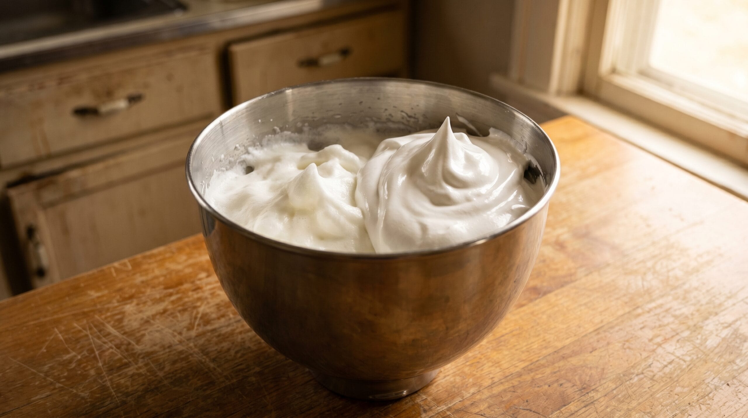 Two stages of marshmallow fluff in a stand mixer bowl: soft white peaks on the left, glossy stiff peaks on the right