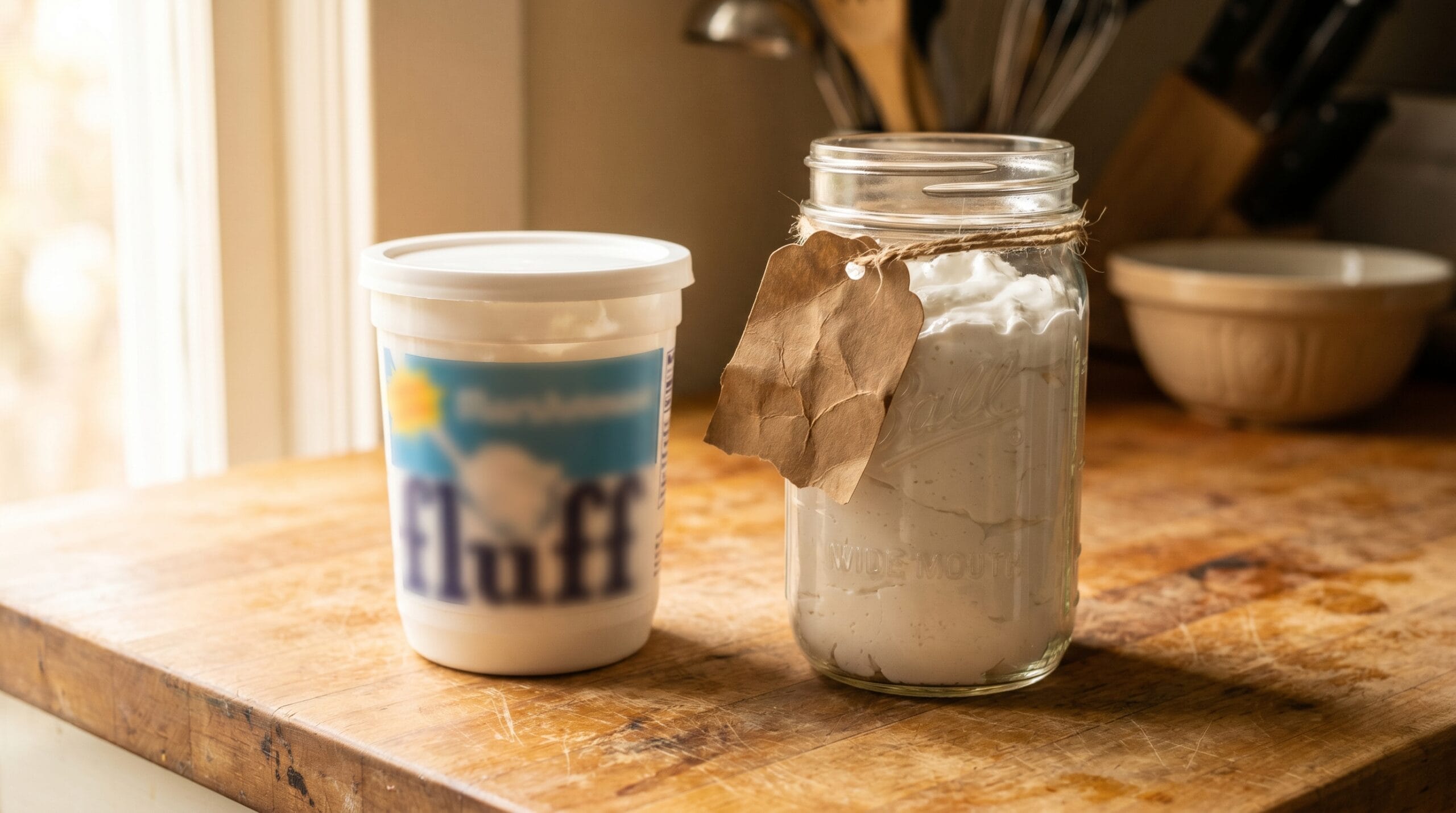 Store-bought marshmallow fluff jar beside a home-filled mason jar with a handwritten label on a wood counter