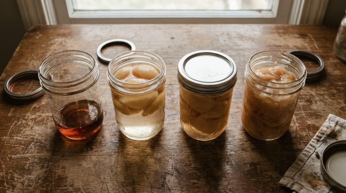 Four mason jars showing canning failure modes including siphoned liquid, floating peaches, an unsealed lid, and mushy slices