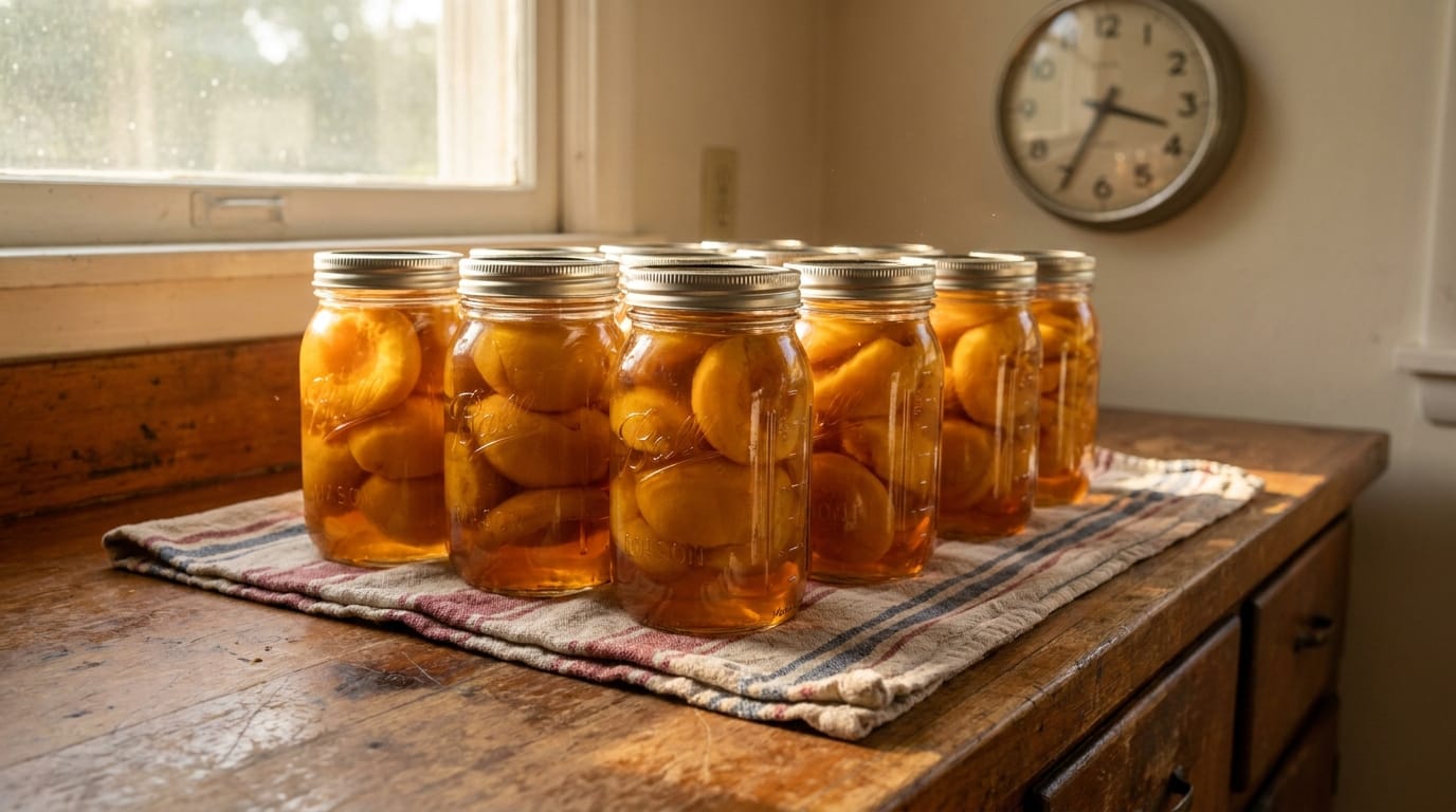 Seven sealed quart jars of canned peaches cooling on a dish towel on a kitchen counter in warm afternoon light
