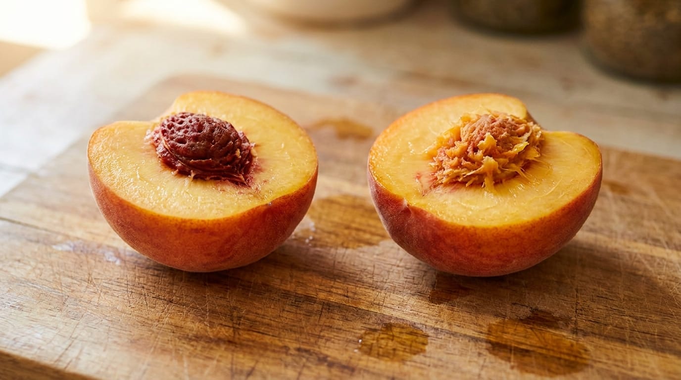 Two peach halves side by side on a cutting board showing a freestone pit releasing cleanly and a clingstone with flesh attached
