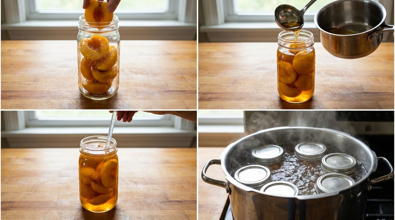 Four-panel process photo showing filling jars with peach halves, ladling syrup, removing bubbles, and lowering jars into a canner