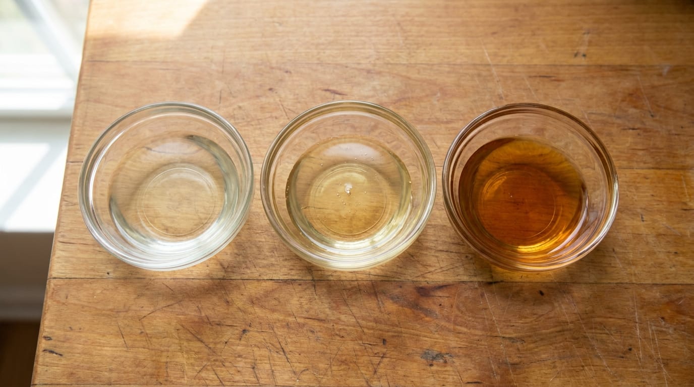Three small glass bowls of canning syrup ranging from nearly clear to medium golden amber arranged on a wood surface