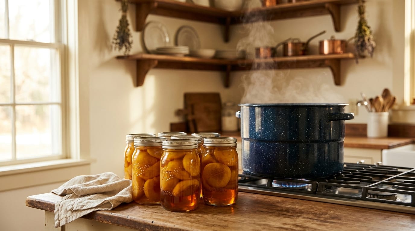 Steam rising from a water bath canner on a stovetop with golden peach-filled mason jars on a wood counter
