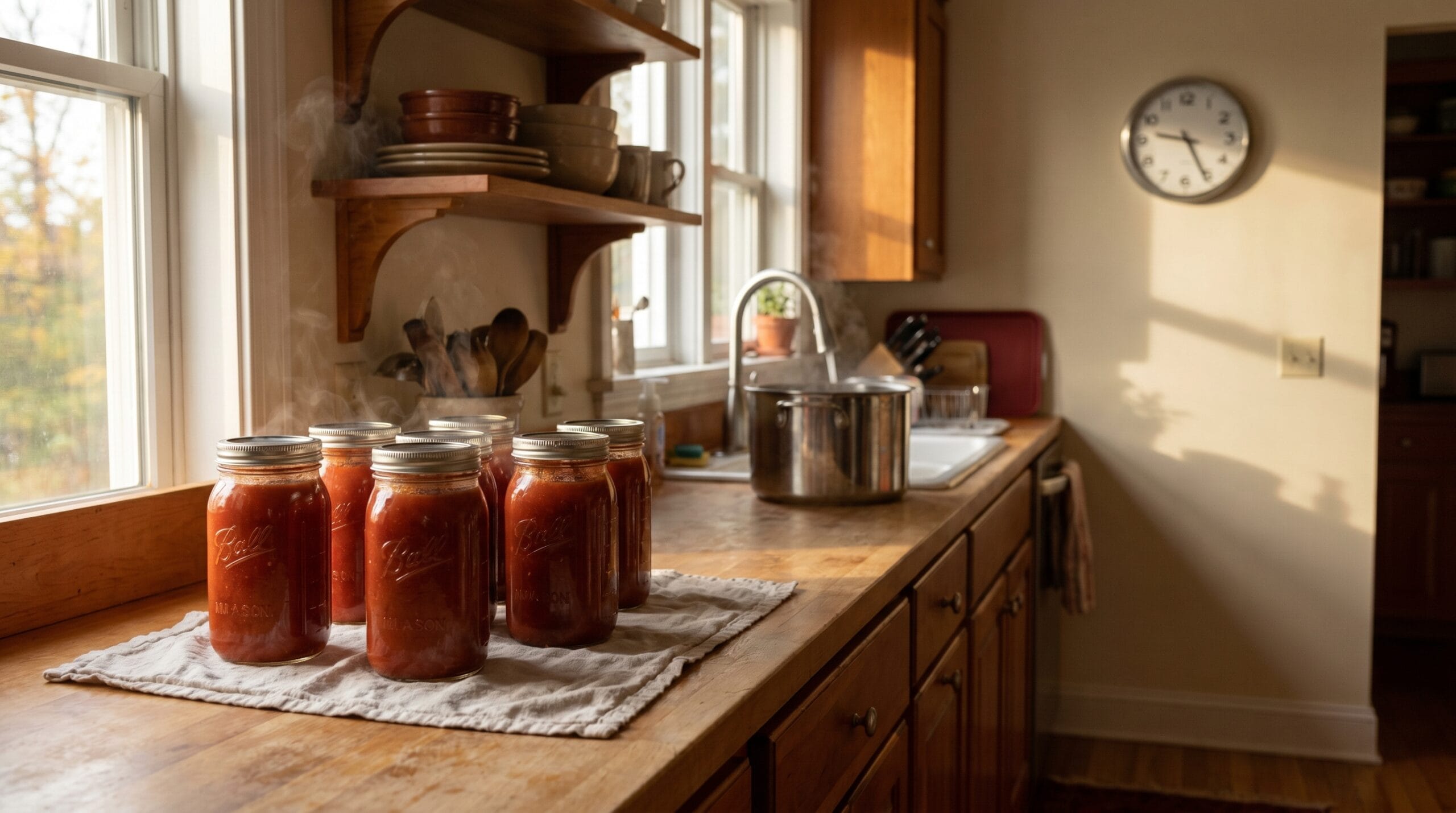 Finished jars of tomato sauce cooling on a towel beside a stovetop, with a large pot in the sink and afternoon light