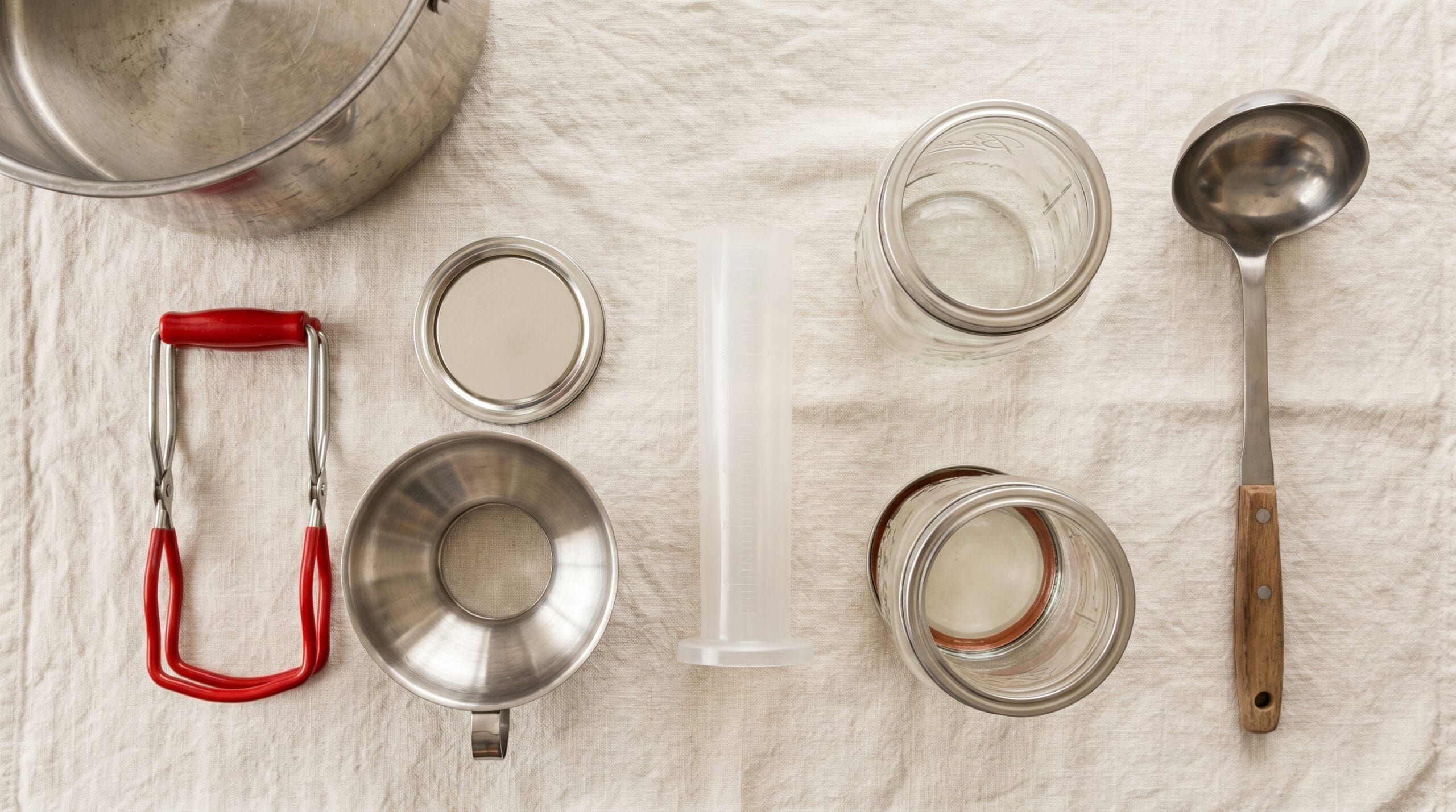 Flat lay of canning tools including jar lifter, funnel, headspace ruler, Mason jars, ladle, and a large stockpot