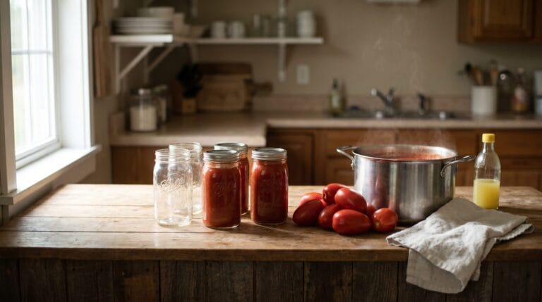 Mason jars, fresh Roma tomatoes, and a pot of simmering tomato sauce on a weathered kitchen counter