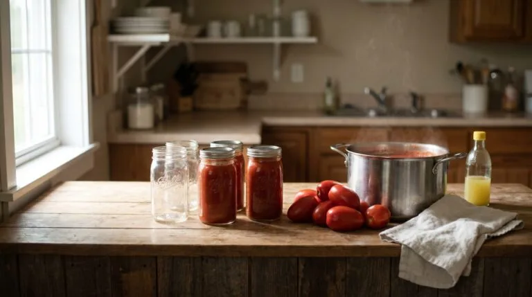 Mason jars, fresh Roma tomatoes, and a pot of simmering tomato sauce on a weathered kitchen counter