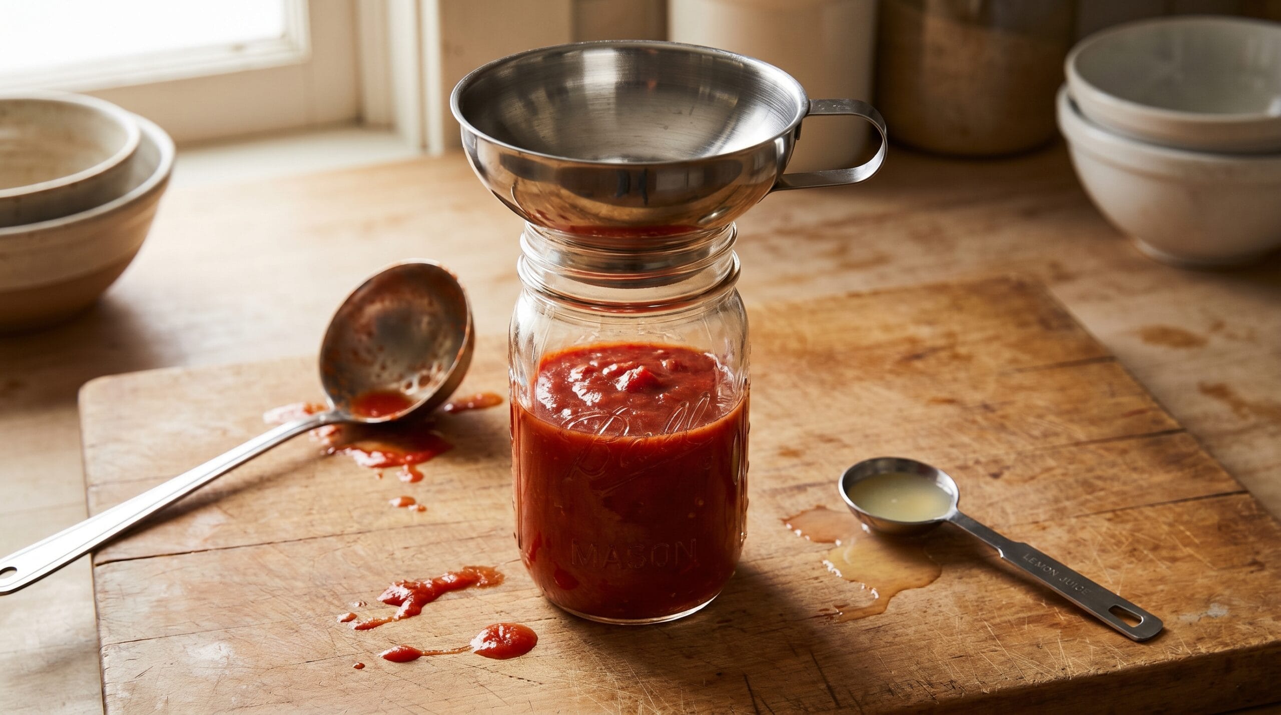 Overhead view of a canning funnel set in a Mason jar being filled with red tomato sauce on a wooden cutting board